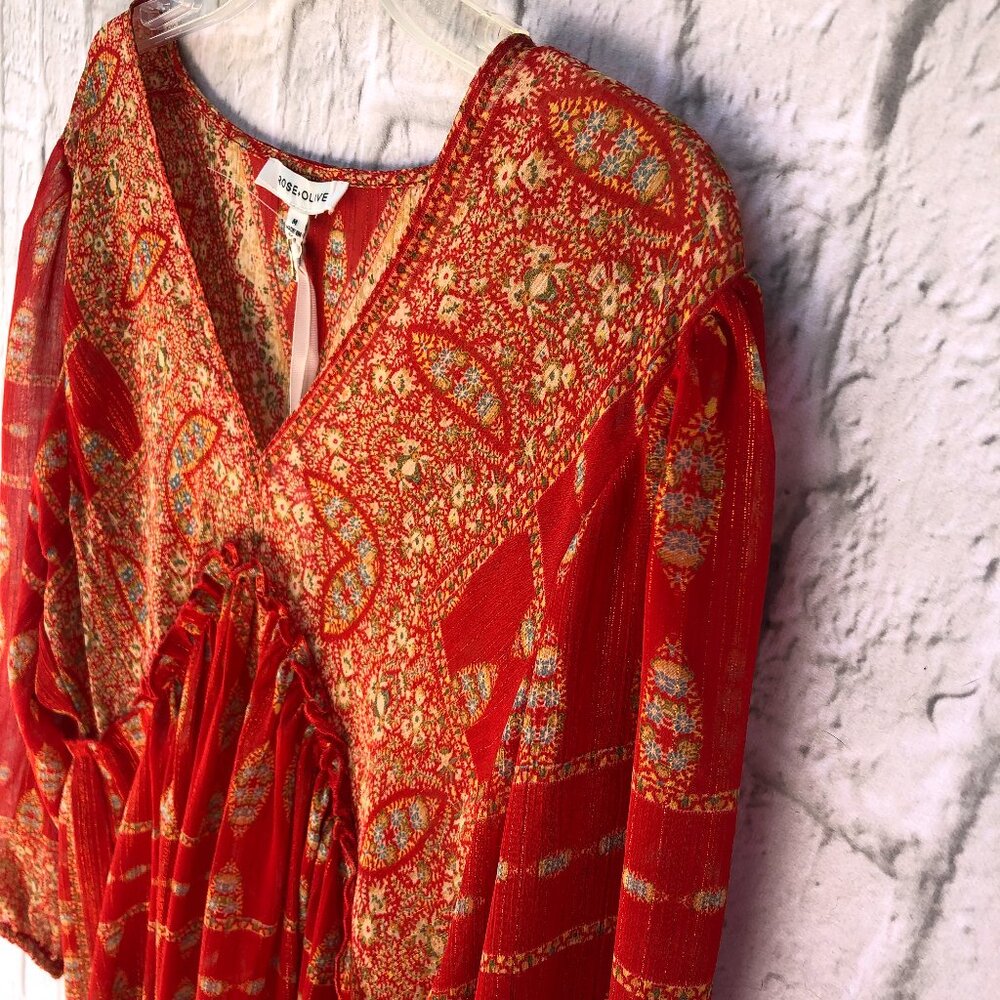 Rose + Olive Red and gold East Asian inspired v-neck blouse, medium